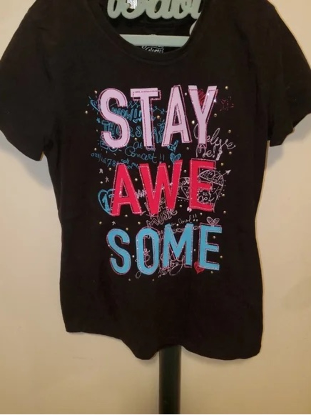 Stay Awesome Graphic Kids Tee - Black with Pink & Blue Lettering